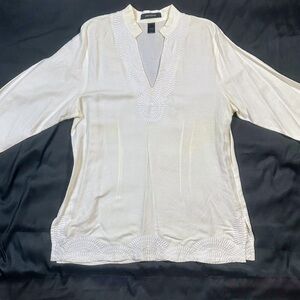 Ashley Stewart Women’s 14W Cream Linen Blend Embroidered V-Neck Tunic Top